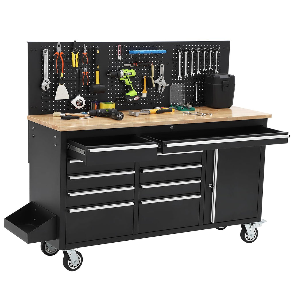 61-Inch Heavy Duty Rolling Tool Chest with 10 Drawers and Solid Rubber Top Mobile Workstation, 1675 LBS Load, Includes Power Strip, LocSystem for GaraWarehouse Repair Shop