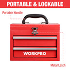 Portable Mini Metal Tool Box with 2 Drawers | Metal Tool Chest, Ball Bearing Slides, Top Storage, Latch Handle, PVC Drawer Liners, PP Feet Pads