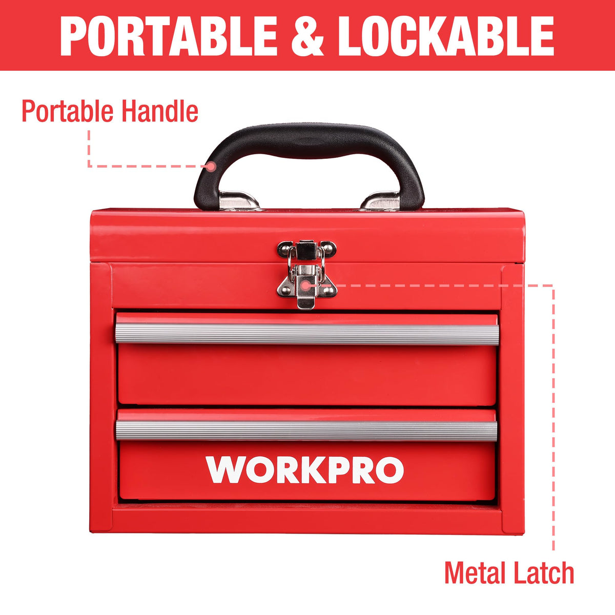 Portable Mini Metal Tool Box with 2 Drawers | Metal Tool Chest, Ball Bearing Slides, Top Storage, Latch Handle, PVC Drawer Liners, PP Feet Pads