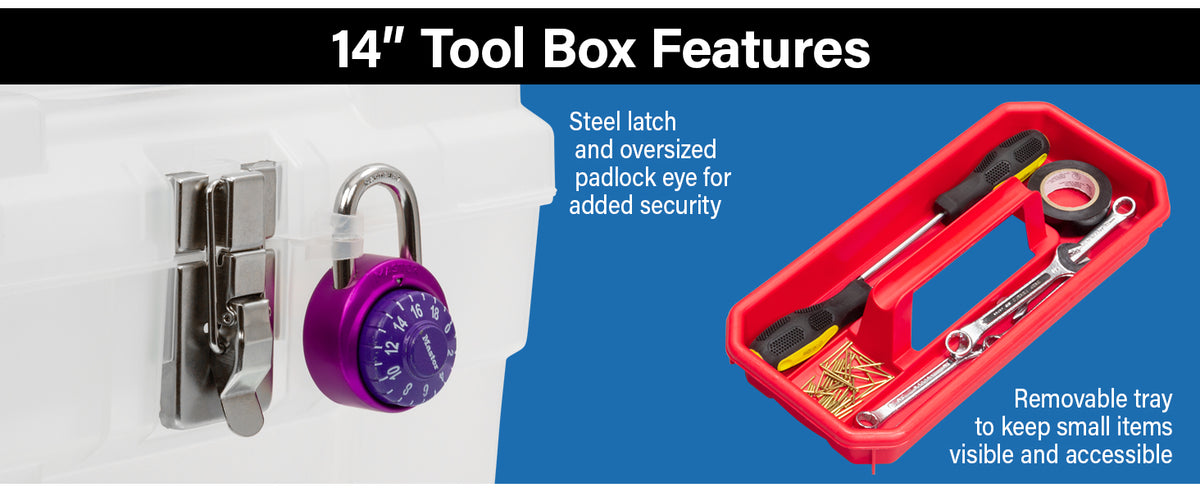 14-Inch Plastic Toolbox with Removable Tray, Steel Latch & Padlock Eye, Industrial-Grade Tool Box for Tools, Crafts, First Aid & Hobby Supplies, 14" x 8" x 8", Made in USA, Black (09514)