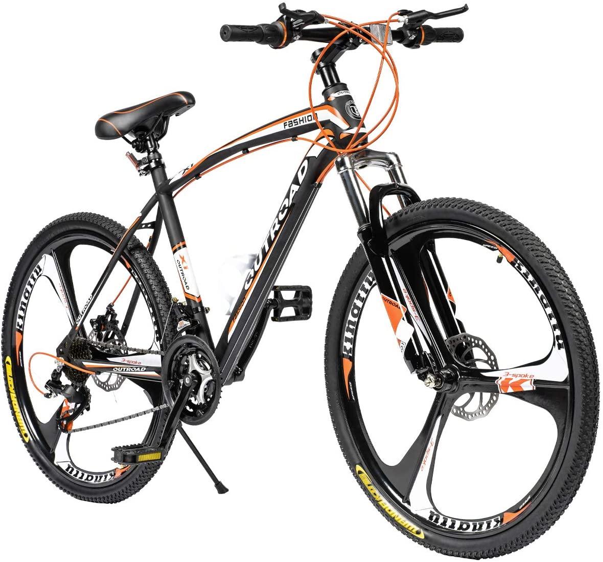 PanAme Mountain Bike 26 Inches Outroad 21 Speed Suspension Fork Anti-Slip Bicycle with Dual Disc Brake and High Carbon Steel Frame for Men and Women, Orange