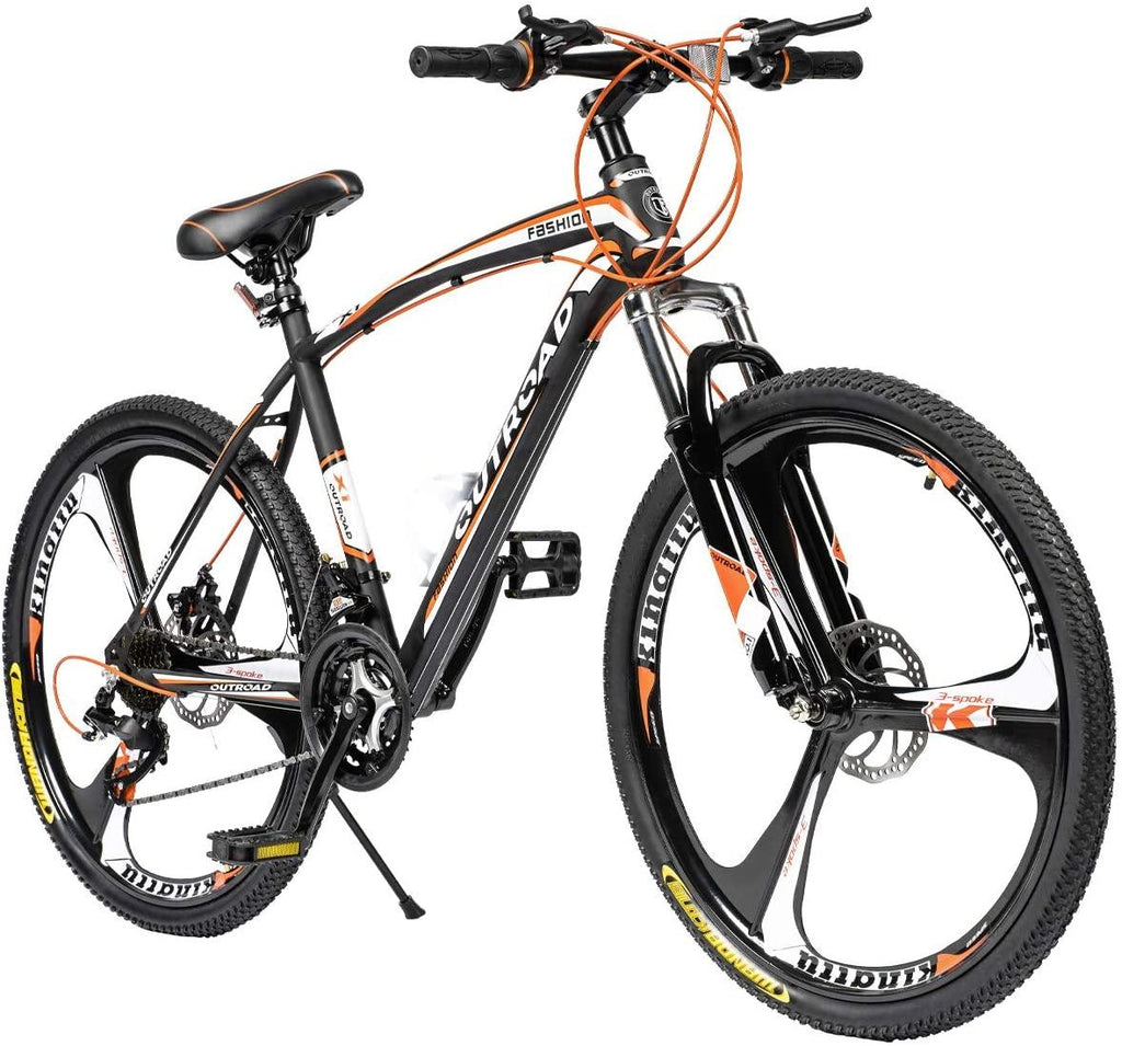 PanAme Mountain Bike 26 Inches Outroad 21 Speed Suspension Fork Anti-Slip Bicycle with Dual Disc Brake and High Carbon Steel Frame for Men and Women, Orange