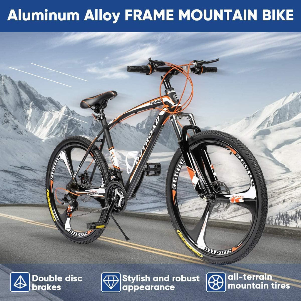 PanAme Mountain Bike 26 Inches Outroad 21 Speed Suspension Fork Anti-Slip Bicycle with Dual Disc Brake and High Carbon Steel Frame for Men and Women, Orange