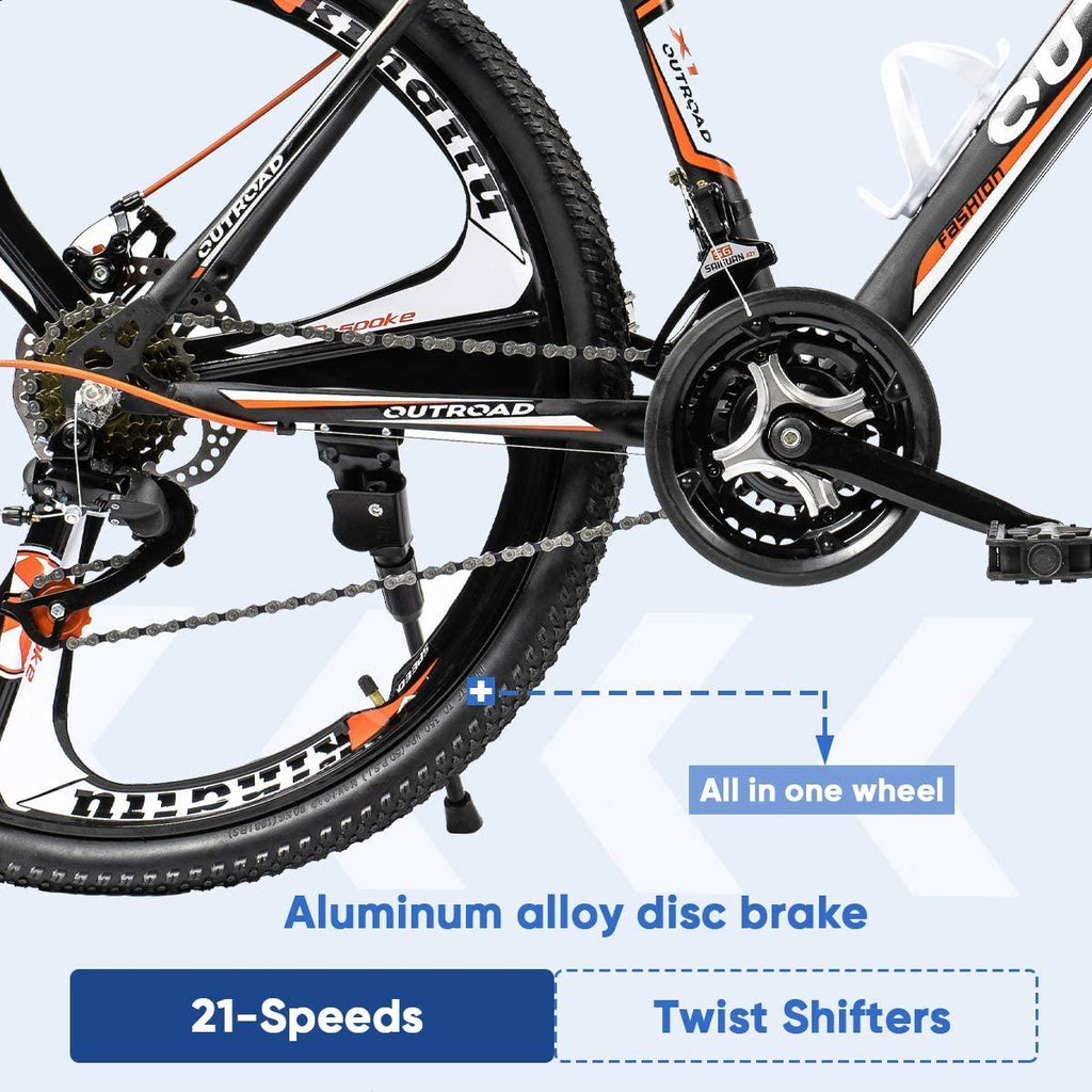 PanAme Mountain Bike 26 Inches Outroad 21 Speed Suspension Fork Anti-Slip Bicycle with Dual Disc Brake and High Carbon Steel Frame for Men and Women, Orange