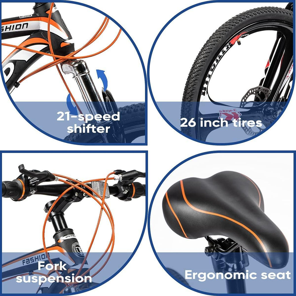 PanAme Mountain Bike 26 Inches Outroad 21 Speed Suspension Fork Anti-Slip Bicycle with Dual Disc Brake and High Carbon Steel Frame for Men and Women, Orange