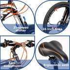 PanAme Mountain Bike 26 Inches Outroad 21 Speed Suspension Fork Anti-Slip Bicycle with Dual Disc Brake and High Carbon Steel Frame for Men and Women, Orange