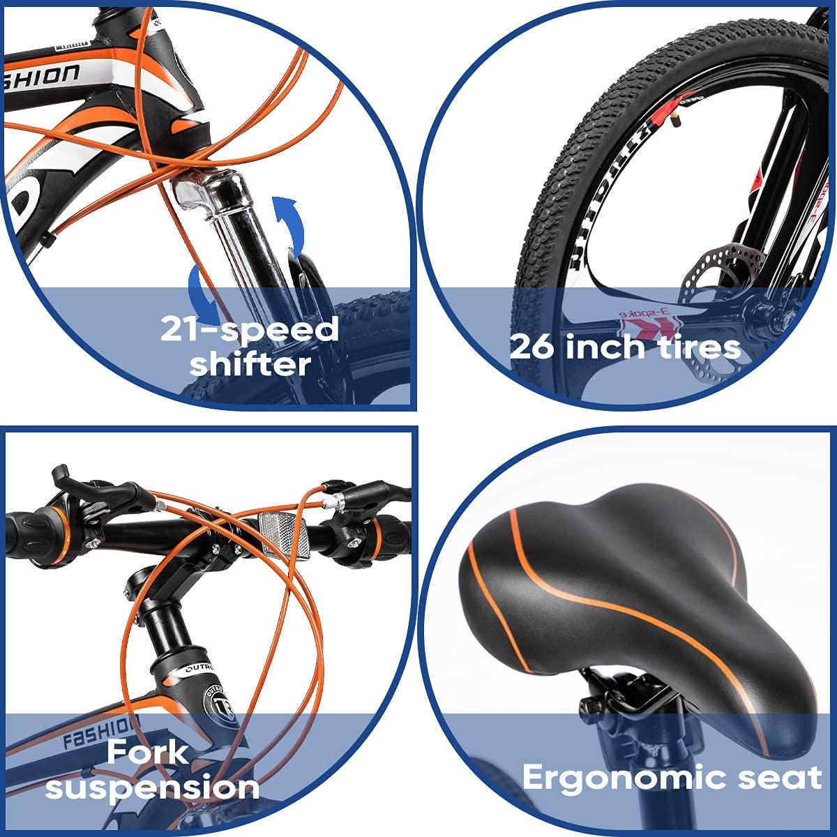 PanAme Mountain Bike 26 Inches Outroad 21 Speed Suspension Fork Anti-Slip Bicycle with Dual Disc Brake and High Carbon Steel Frame for Men and Women, Orange