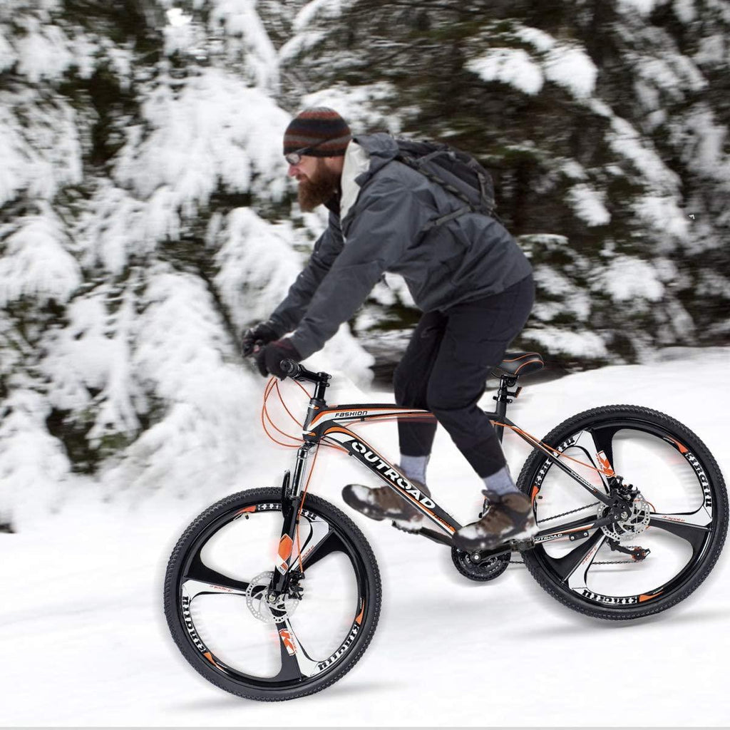 PanAme Mountain Bike 26 Inches Outroad 21 Speed Suspension Fork Anti-Slip Bicycle with Dual Disc Brake and High Carbon Steel Frame for Men and Women, Orange
