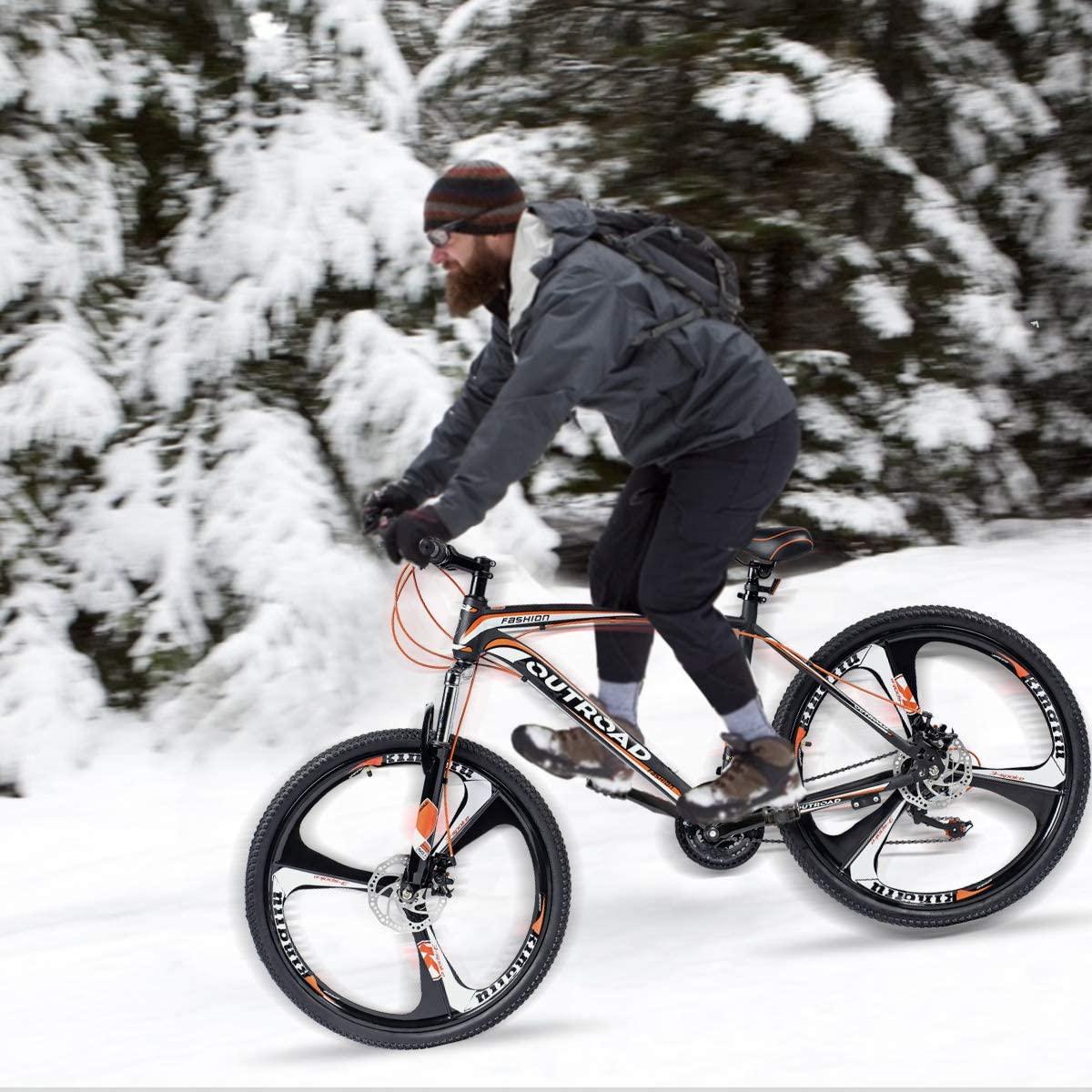 PanAme Mountain Bike 26 Inches Outroad 21 Speed Suspension Fork Anti-Slip Bicycle with Dual Disc Brake and High Carbon Steel Frame for Men and Women, Orange