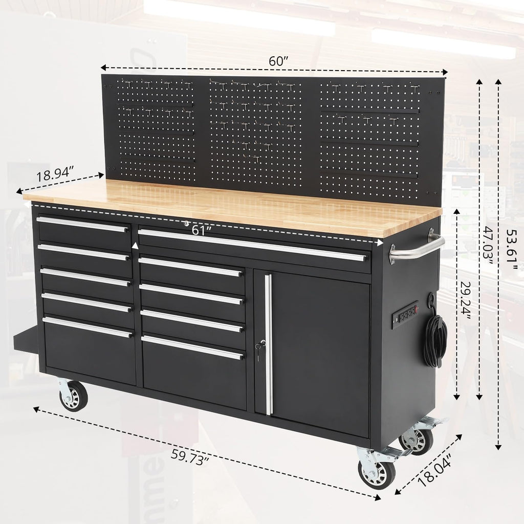 61-Inch Heavy Duty Rolling Tool Chest with 10 Drawers and Solid Rubber Top Mobile Workstation, 1675 LBS Load, Includes Power Strip, LocSystem for GaraWarehouse Repair Shop