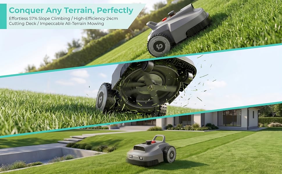 Robot Lawn Mower, Wire-Robotic Mower for 0.99 Acres, No Perimeter Wire, Auto-Mapping, RTK + AI 3D Vision Navigation, 300+ Object Avoidance, 57% Slope, IP66 Automatic Grass Cutter