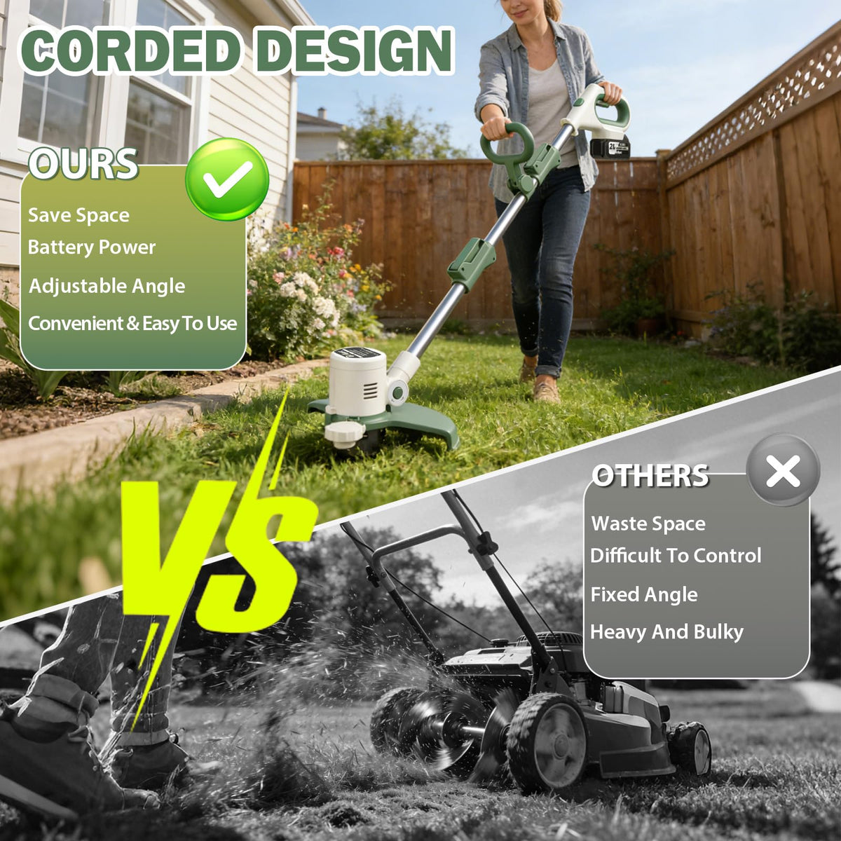 21V 3-in-1 Cordless Weed Wacker Eater-Weeding/Trimming/Lawn Mower, with 8 Replace Auto Line Feed, Electric Grass Trimmer for Garden, Lawn, 120 Mins of Non-Stop (2x4.0 mAh Battery Included)