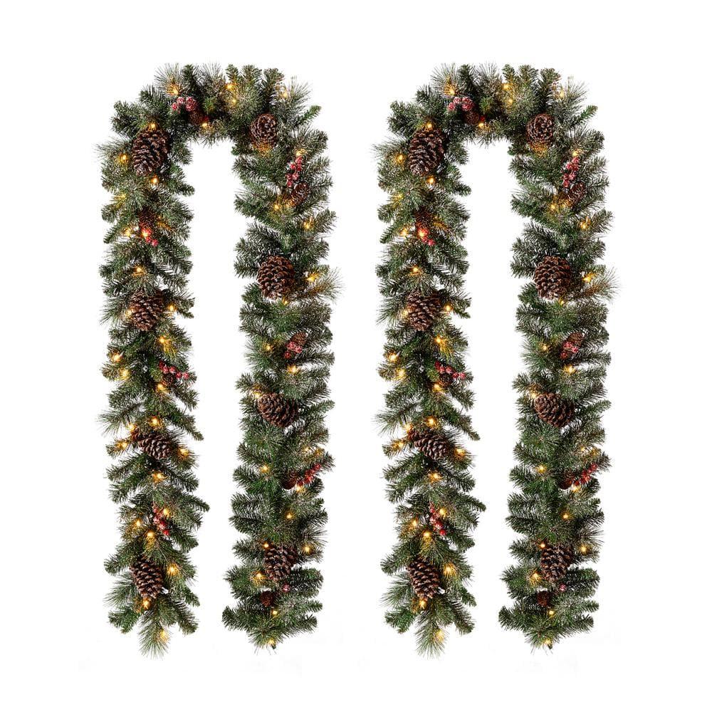 9 ft. L Pre-Lit Glittered Pine Cone Artificial Christmas Garland with Warm White LED Light (2-Pack)