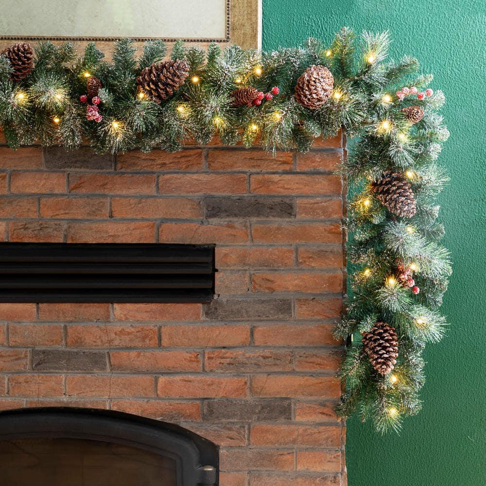 9 ft. L Pre-Lit Glittered Pine Cone Artificial Christmas Garland with Warm White LED Light (2-Pack)