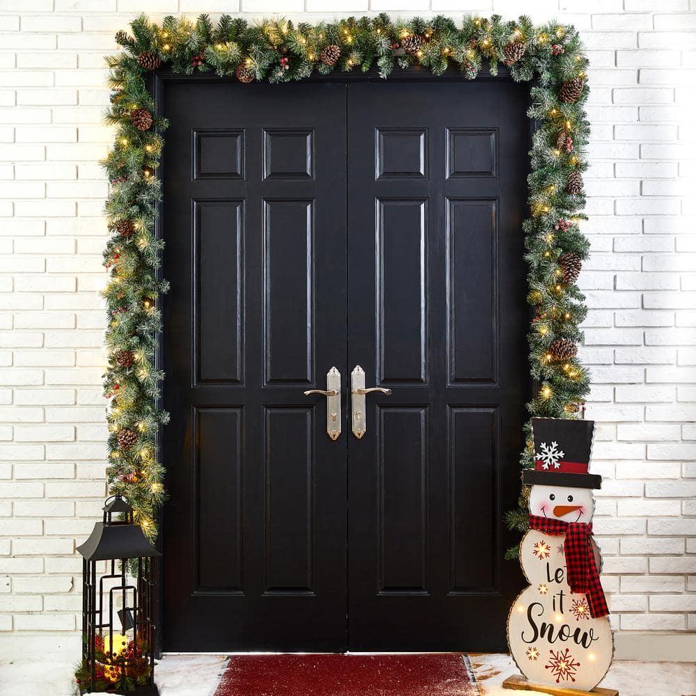 9 ft. L Pre-Lit Glittered Pine Cone Artificial Christmas Garland with Warm White LED Light (2-Pack)