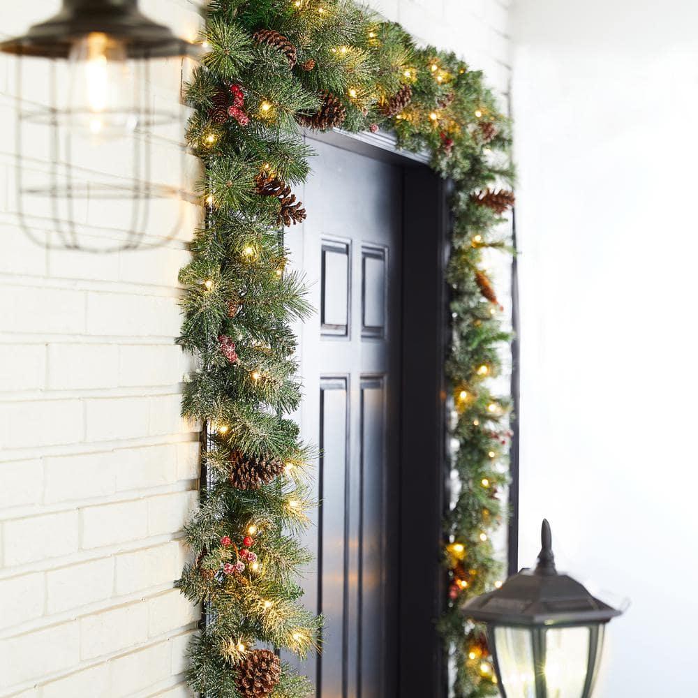9 ft. L Pre-Lit Glittered Pine Cone Artificial Christmas Garland with Warm White LED Light (2-Pack)