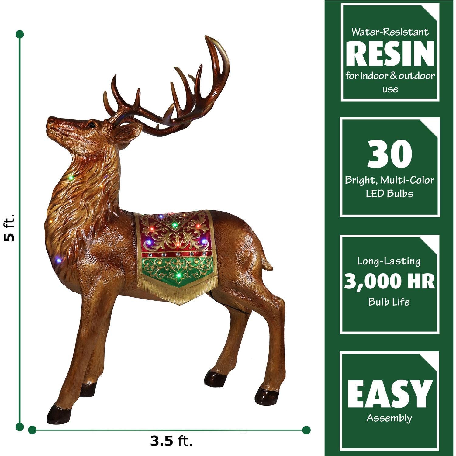 Fraser Hill Farm Indoor/Outdoor Oversized Christmas Decor with Long-Lasting LED Lights, 5-Ft. Tall Standing Reindeer with Metallic Finish