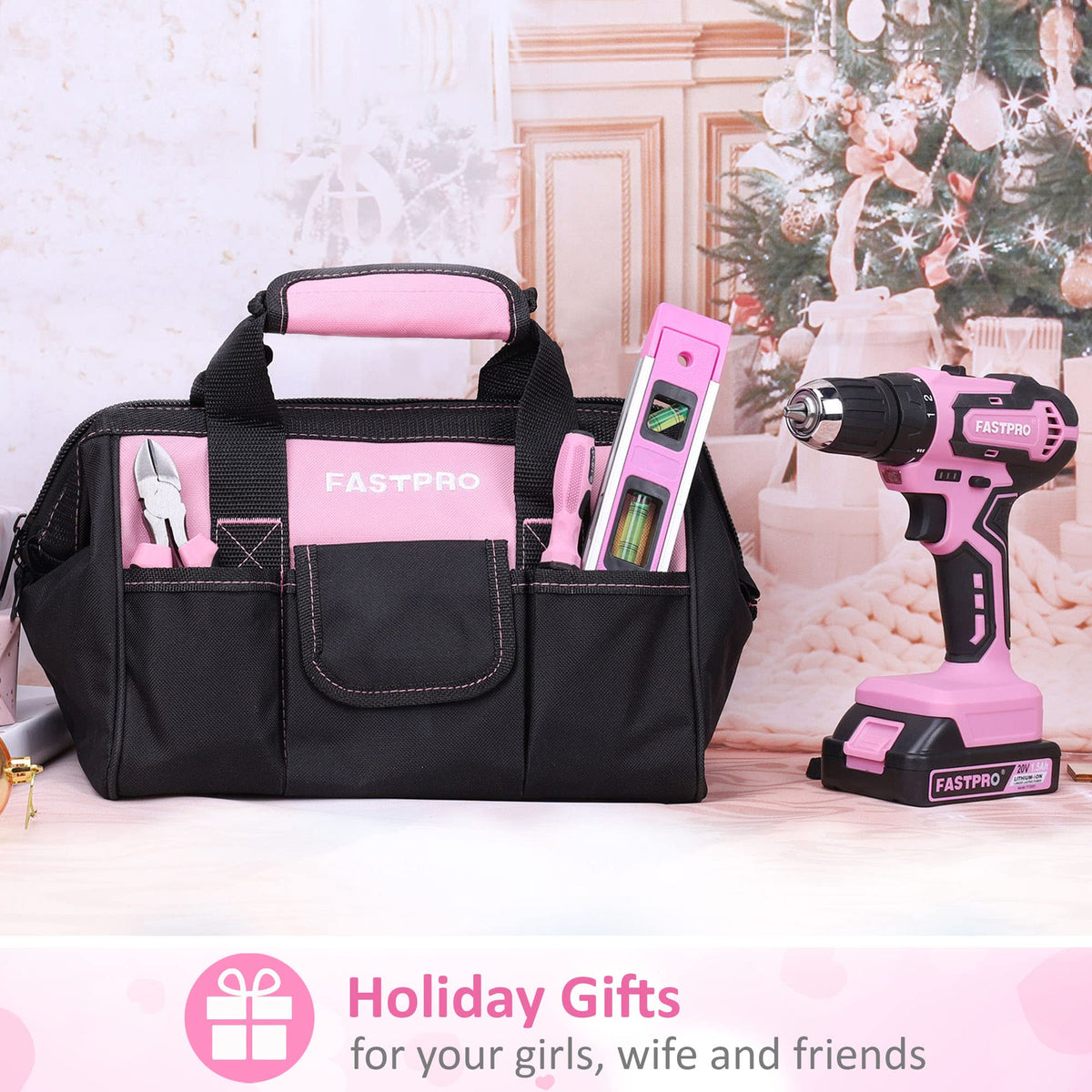 232-Piece Pink Tool Set with Drill, 20V Cordless Drill Driver and Home Tool Set, Pink Drill Set for Women, Lady's Repairing Kit with 12-Inch StoraBag, Pink