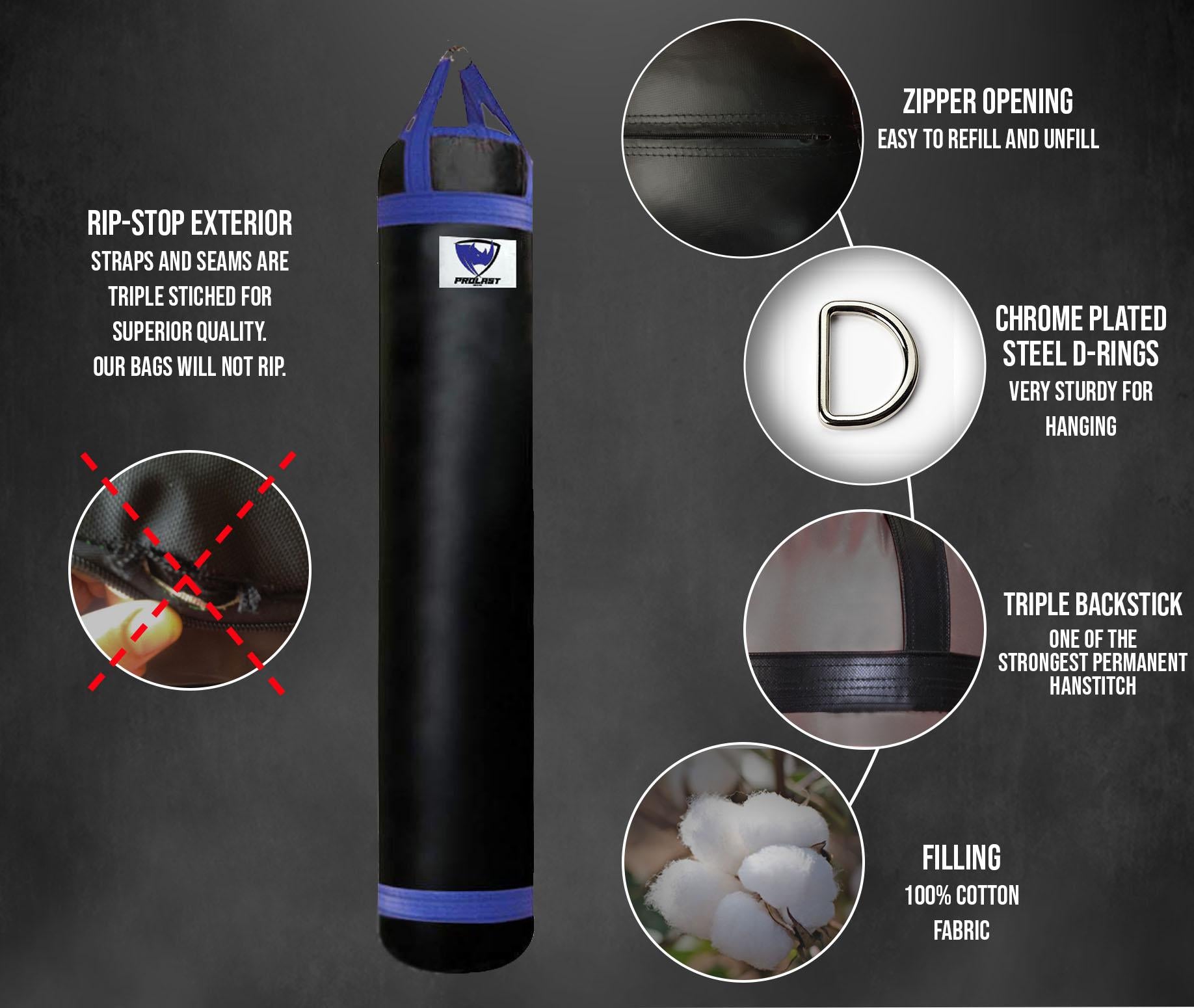 PROLAST Heavy Punching Bag 5 FT 100 Lb. - Great for Kickboxing, MMA and Muay Thai. Colored Trims/Straps, Black and Blue