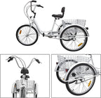 HXSYD Adult Tricycles, Adult Trikes 24 inch 3 Wheel Bikes for Adults with LarBasket for Recreation, Shopping, Picnics Exercise Men's Women's Cruiser Bike