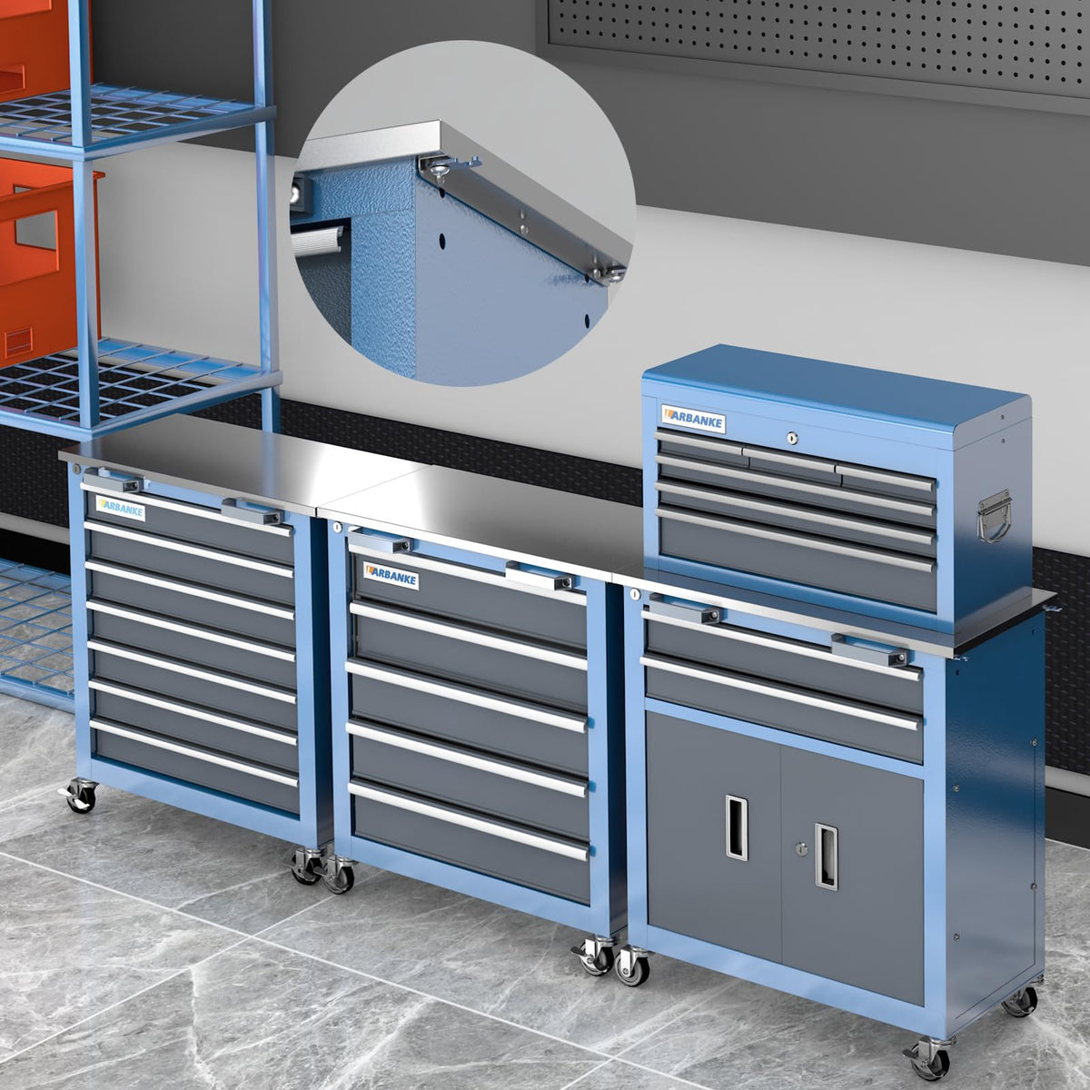 20 Drawer Rolling Tool Chest Combo,Tool Cabinet with  Countertop, Modular Tool Chest with LocDrawers and Connection Parts, 360° Swivel BraWheels & Padded Feet, Blue