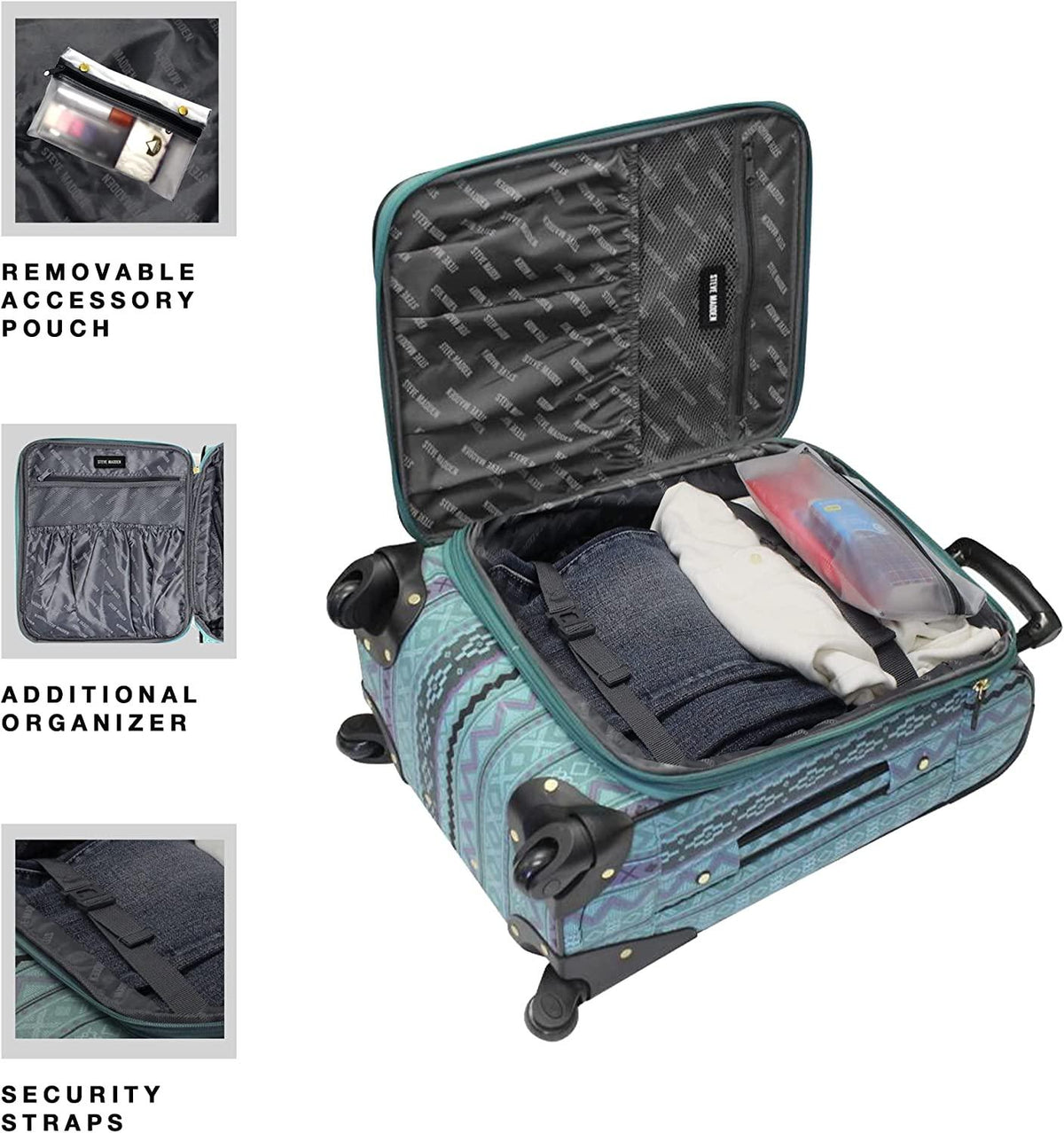er Luggage Collection - 3 Piece Softside Expandable Lightweight Spinner Suitcase Set - Travel Set includes 20 Inch Carry on, 24 Inch &amp; 28-Inch Checked Suitcases (Print/Teal)