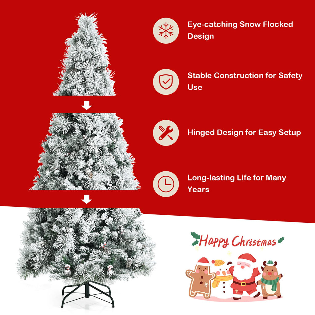 Gymax Green Snow Flocked Full Hinged Artificial Christmas Tree, 6'