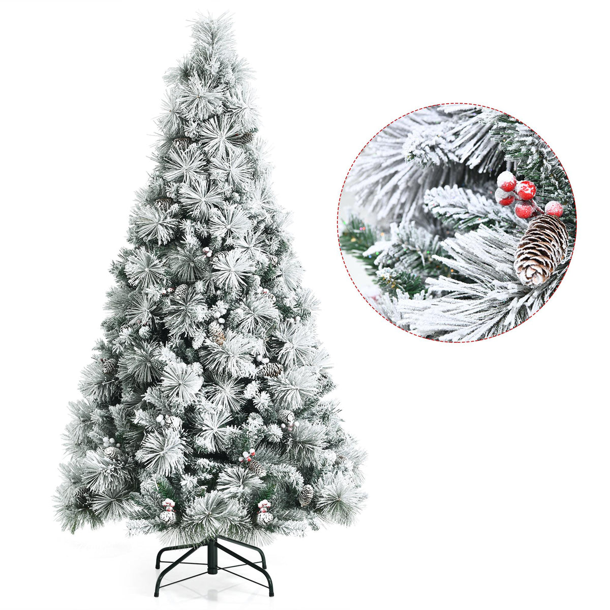 Gymax Green Snow Flocked Full Hinged Artificial Christmas Tree, 6'