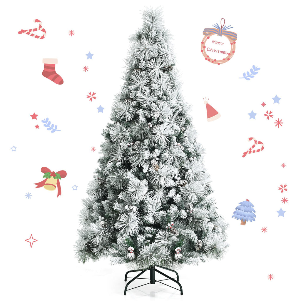 Gymax Green Snow Flocked Full Hinged Artificial Christmas Tree, 6'