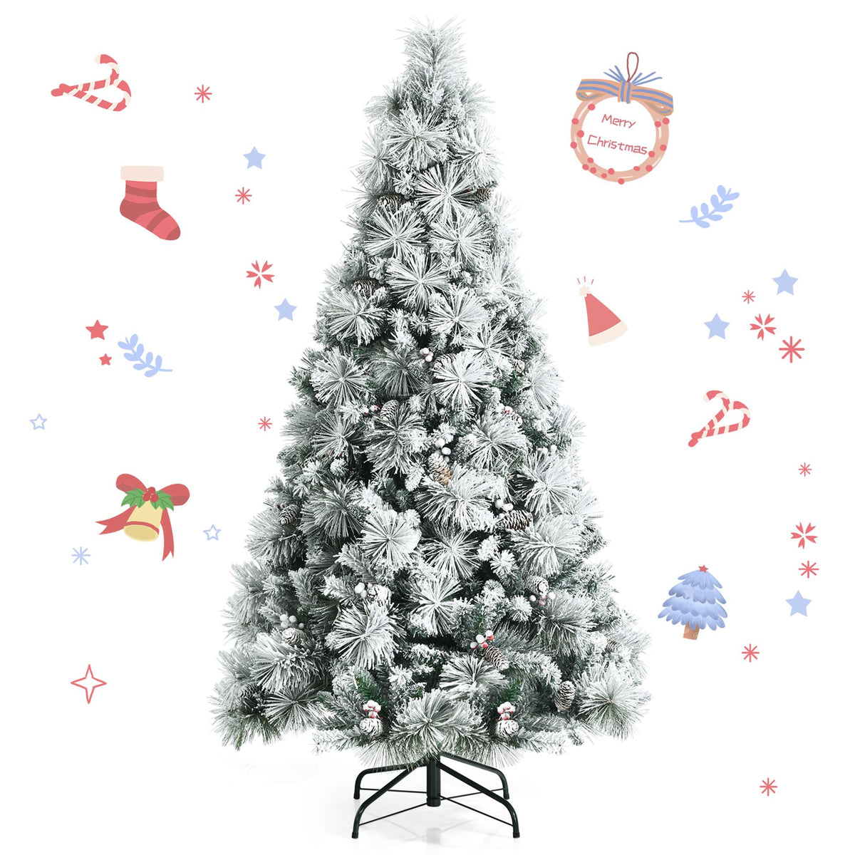 Gymax Green Snow Flocked Full Hinged Artificial Christmas Tree, 6'