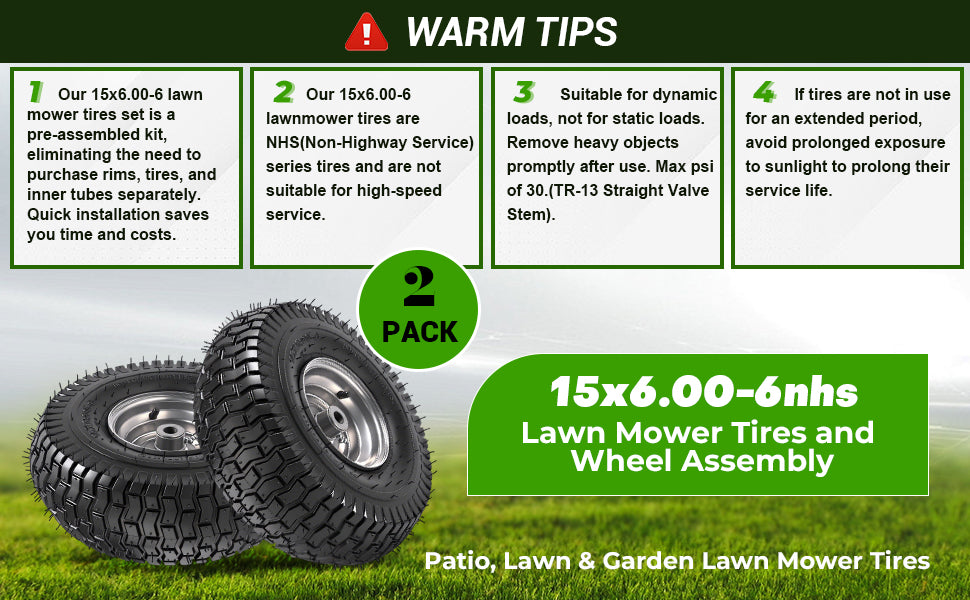 (2 Pack)  15x6.00-6nhs Lawn Mower Tires and Wheel Assembly, Replacement Riding Lawn Mower Front Tires, Compatible with    Lawn Mowers, 3/4" Bushings, 3" Centered Hub