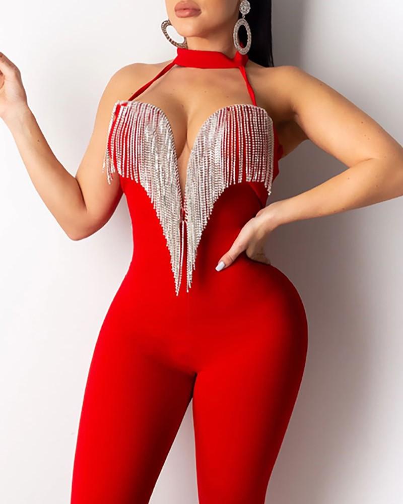 choker sleeveless tassel design jumpsuit
