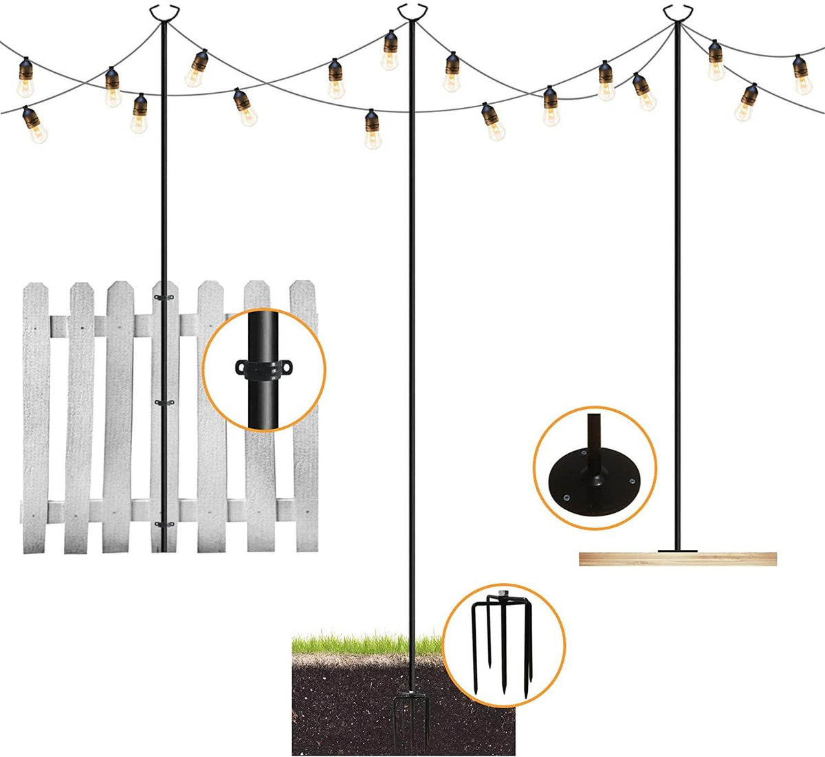 MARVOWARE 4Pcs String Light Poles for Outdoors Weather Resistant, Steel Tall,Christmas Decoration,Light Pole for House Garden Patio Wedding Cafe Party(No Light Bulb Included)