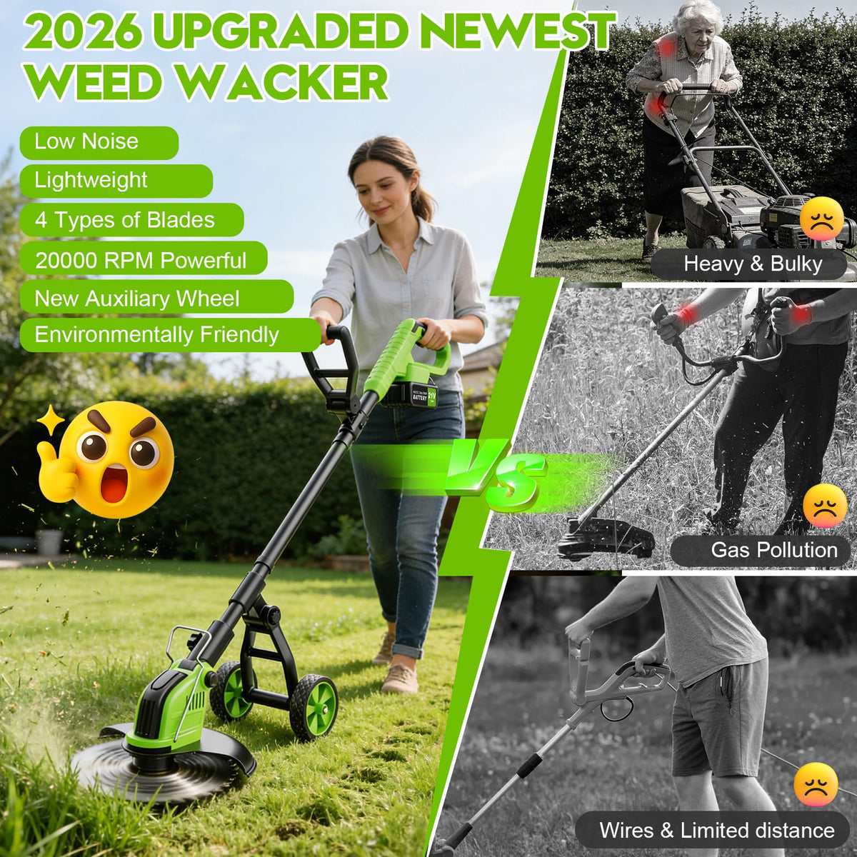 20000 RPM Electric Weed Eater Battery Powered 6000mAh, 12″ Brushless Electric Weed Wacker Cordless Wheeled Edger Trimmer, 4-in-1 Brush Cutter Heavy Duty/String Trimmer/Lawn Mower Edger, 2 Battery Tool