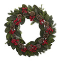 30in. Artificial Unlit Artificial Holiday Wreath with Magnolia Leaf, Berry, Pine and Pine Cone