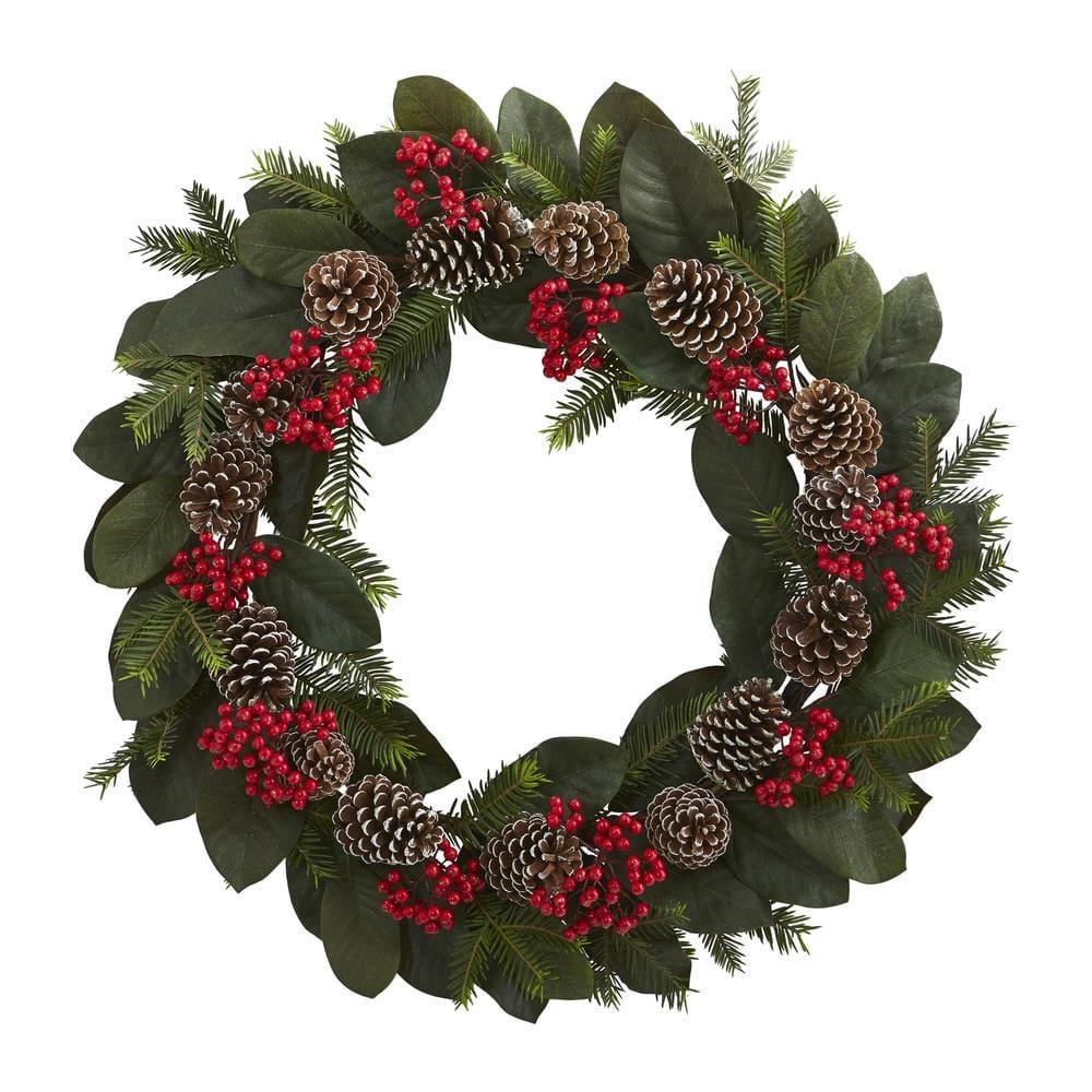 30in. Artificial Unlit Artificial Holiday Wreath with Magnolia Leaf, Berry, Pine and Pine Cone
