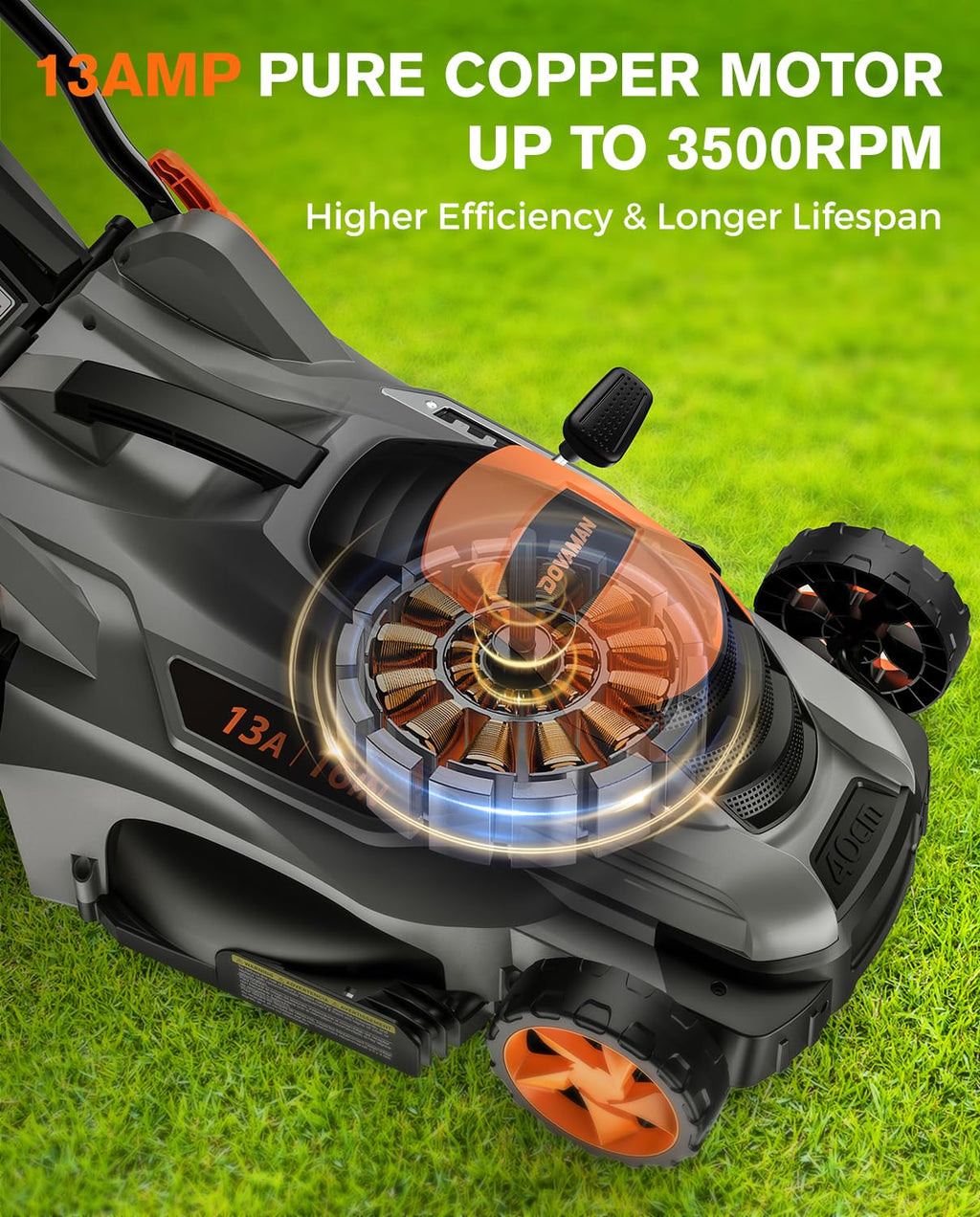 13Amp 16" Lawn Mower, 98% Collection, 13.2-Gallon Bag, 5-Position Height Adjustment, 3-Step  Vertical Fold Storage, 2-in-1 Mulching &amp; Bagging, Corded Lawn Mower for Your Garden