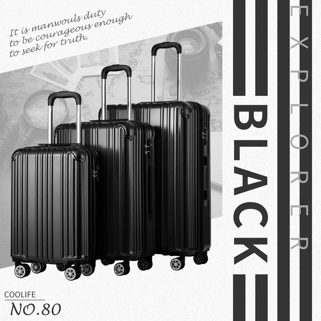 Luggage Expandable Suitcase PC+ABS 3 Piece Set with TSA Lock Spinner Carry on 20in24in28in(Black, 3 piece set)