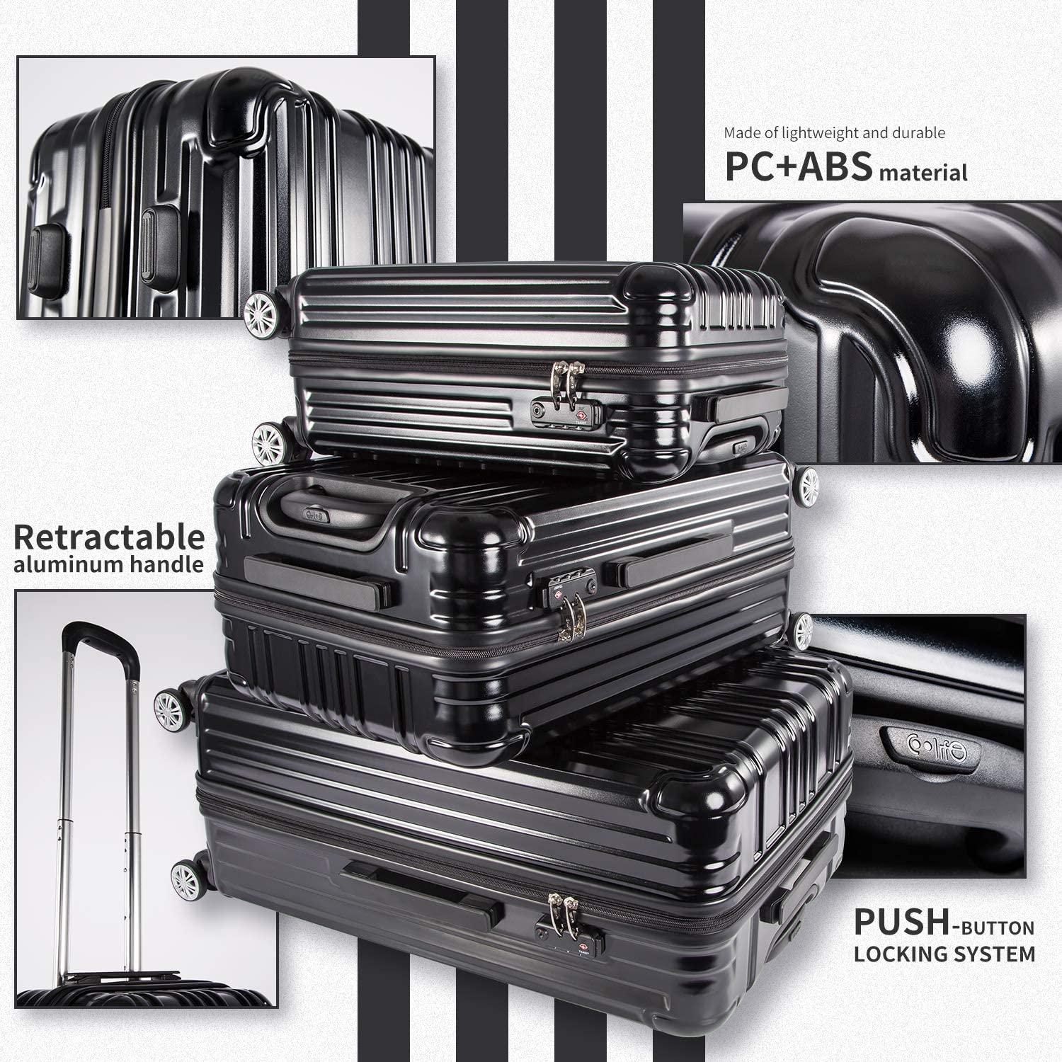 Luggage Expandable Suitcase PC+ABS 3 Piece Set with TSA Lock Spinner Carry on 20in24in28in(Black, 3 piece set)