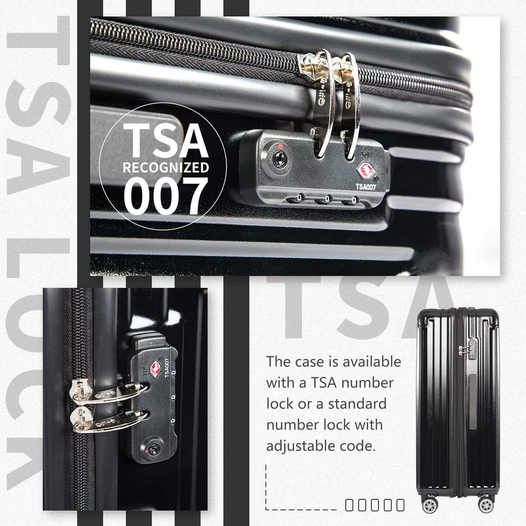 Luggage Expandable Suitcase PC+ABS 3 Piece Set with TSA Lock Spinner Carry on 20in24in28in(Black, 3 piece set)