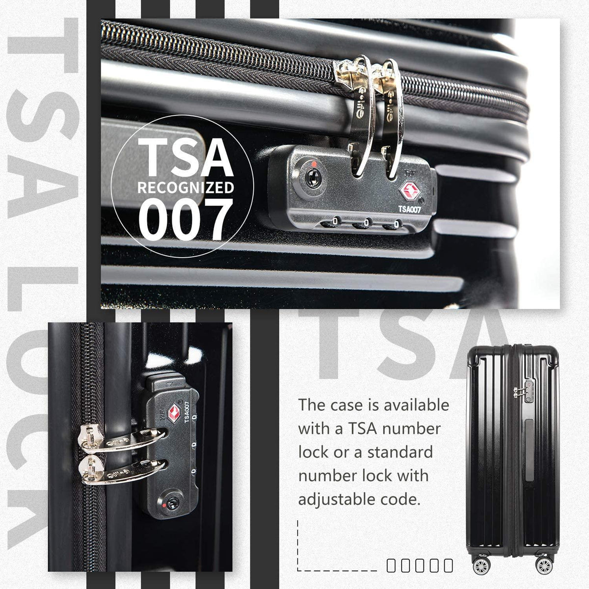 Luggage Expandable Suitcase PC+ABS 3 Piece Set with TSA Lock Spinner Carry on 20in24in28in(Black, 3 piece set)