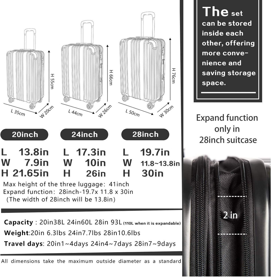 Luggage Expandable Suitcase PC+ABS 3 Piece Set with TSA Lock Spinner Carry on 20in24in28in(Black, 3 piece set)