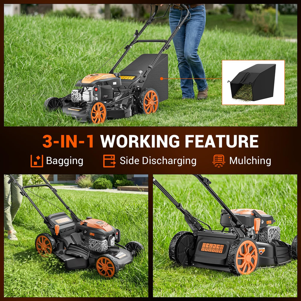 21" Self-Propelled Gas Lawn Mower, 170CC Engine, 3-in-1 Mulching, Bagging &amp; Side Discharge, 7-Position Height Adjustment, Easy Lawn Care for LarYards &amp; Thick Grass