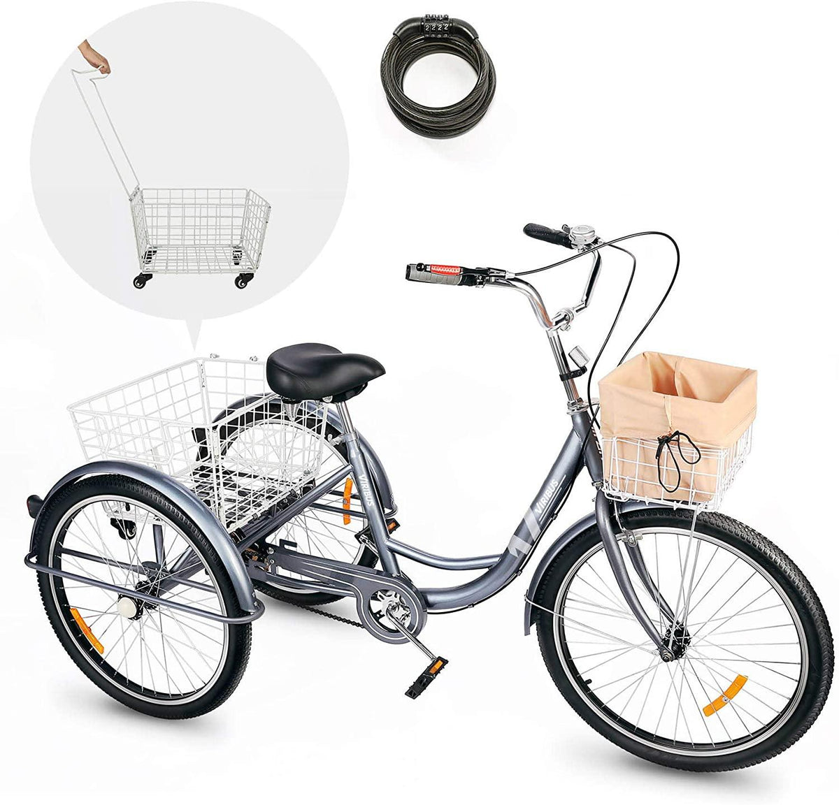 Viribus Adult Three Wheel Tricycle Single Speed Hybrid Cargo Cruiser Trike Bike with Removable Wheeled Basket Bell for Shopping or Dogs Dustproof Bag Exercise Bicycle (Gray/24)