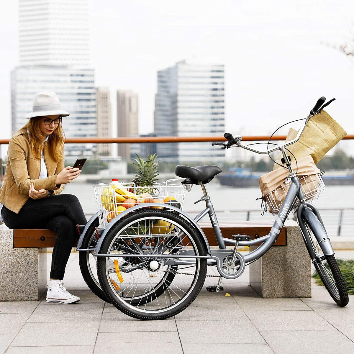 Viribus Adult Three Wheel Tricycle Single Speed Hybrid Cargo Cruiser Trike Bike with Removable Wheeled Basket Bell for Shopping or Dogs Dustproof Bag Exercise Bicycle (Gray/26)