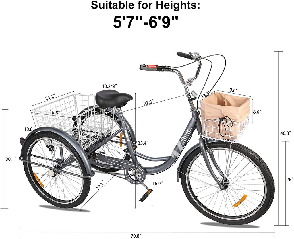 Viribus Adult Three Wheel Tricycle Single Speed Hybrid Cargo Cruiser Trike Bike with Removable Wheeled Basket Bell for Shopping or Dogs Dustproof Bag Exercise Bicycle (Gray/26)