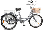 Viribus Adult Three Wheel Tricycle Single Speed Hybrid Cargo Cruiser Trike Bike with Removable Wheeled Basket Bell for Shopping or Dogs Dustproof Bag Exercise Bicycle (Gray/26)