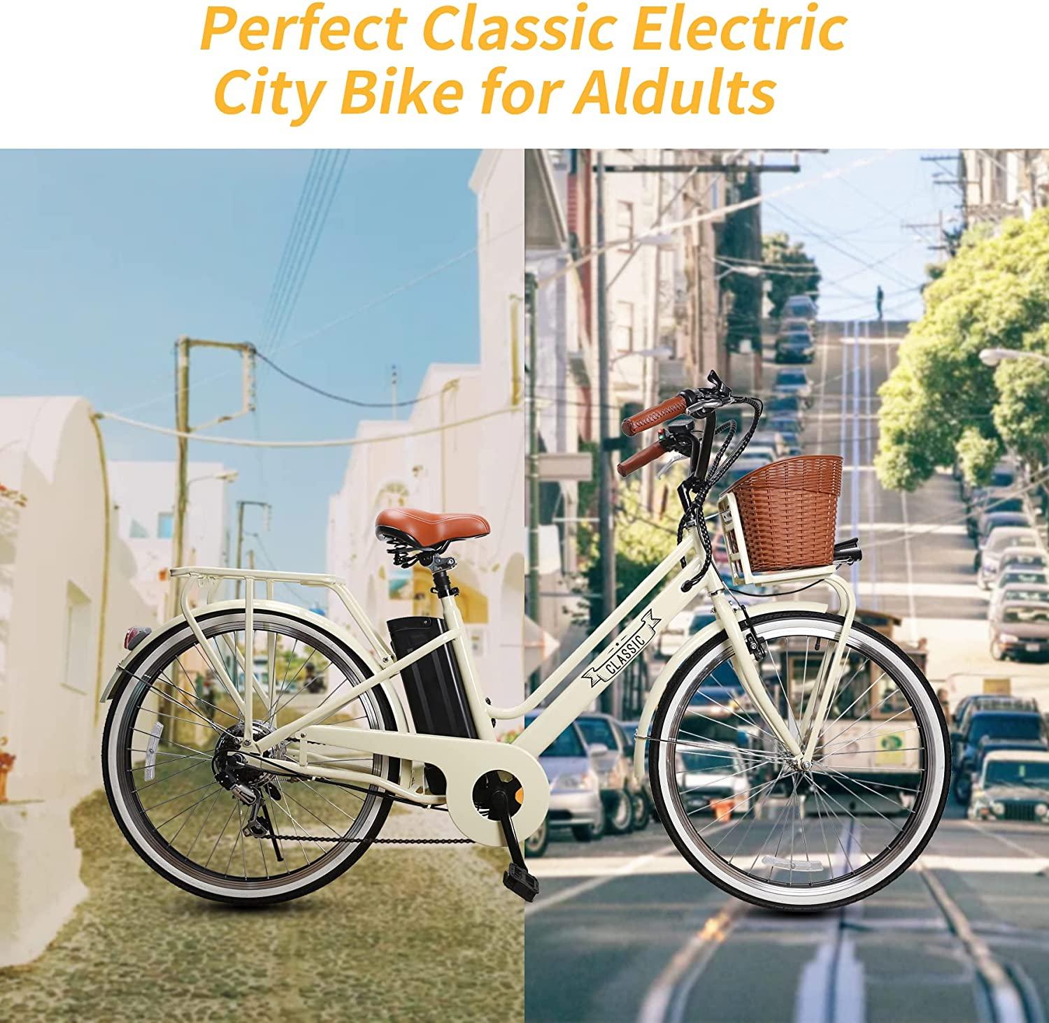 26" Classic Electric Bike for City, 350W Commuter Electric Bicycle with 36V 12.5Ah Removable Lithium-ion Battery E-Bike for Women, Men, Adult |  6-Speed Shifting