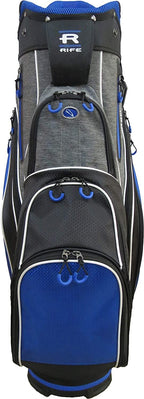 Rife Golf Premium Blue Black Gray Cart Bag Light Weight Dobby Nylon with 10 inch, 14-Way Friendly Separator Top, Front Position Putter Pit