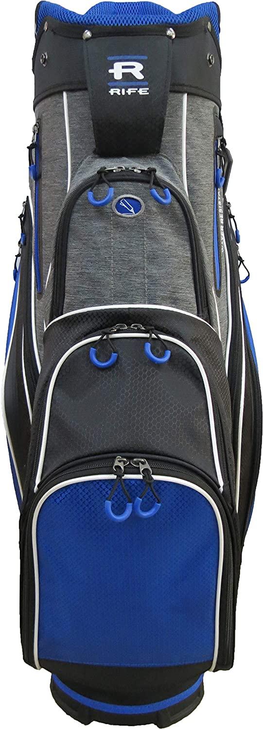 Rife Golf Premium Blue Black Gray Cart Bag Light Weight Dobby Nylon with 10 inch, 14-Way Friendly Separator Top, Front Position Putter Pit
